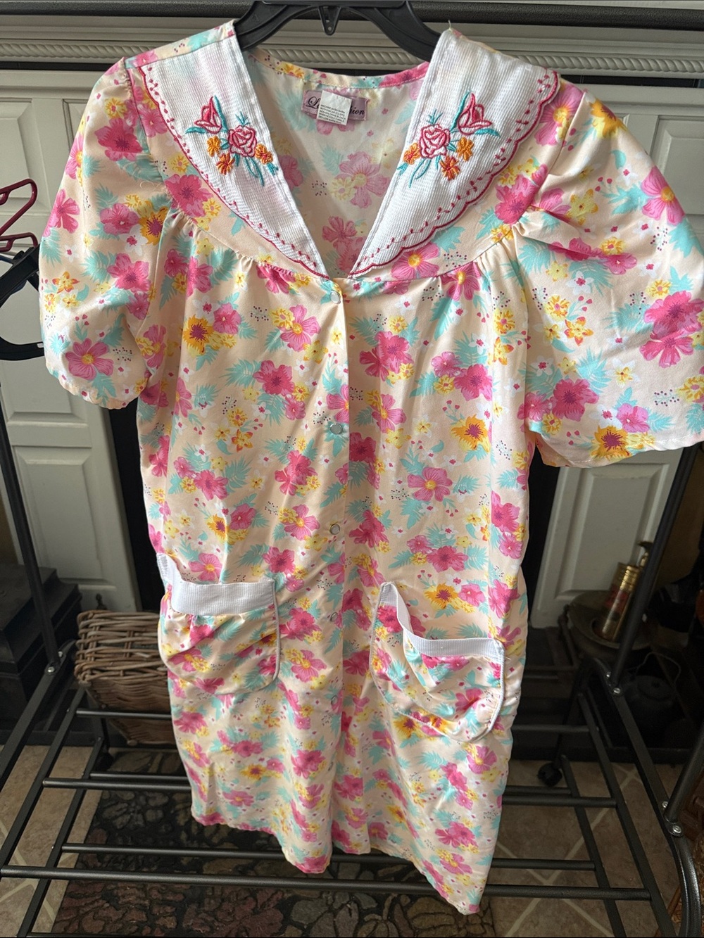Girls' Floral Nightgown with Embroidered Collar - Pink & Yellow 0091